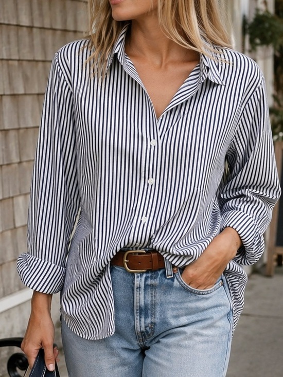 Gloria Vanderbilt Tops - Navy Stripe Boyfriend Button Down Shirt 100% Cotton Oversized L